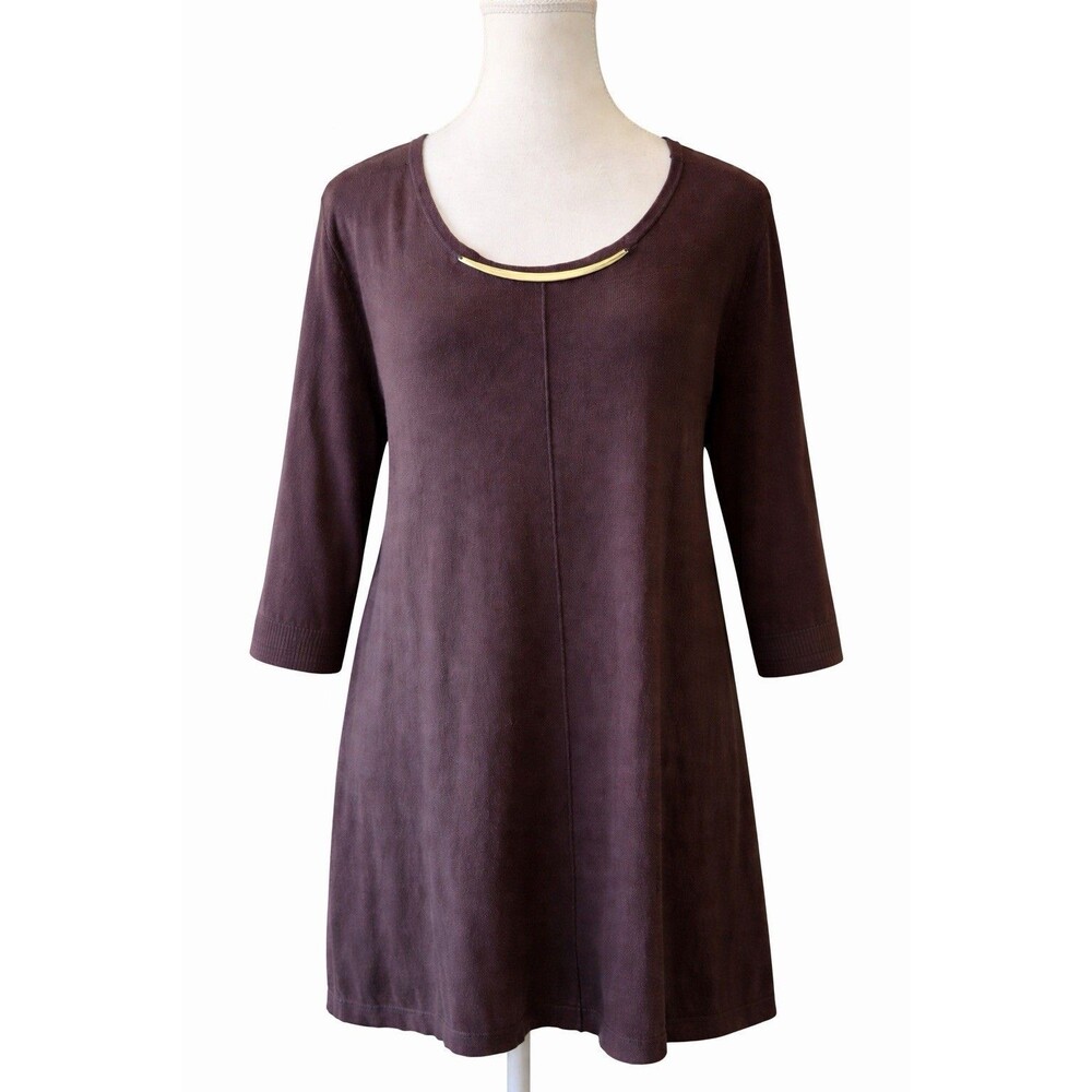 August Silk‎ XL Brown Knit Tunic Top 3/4 Sleeve Gold Neck Detail Everyday Office